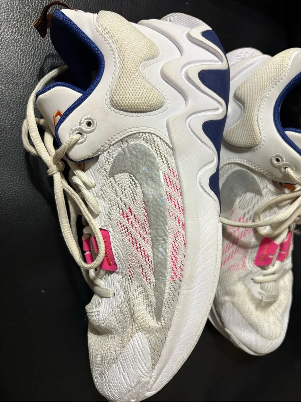 Nike LOGO 5 White Sneakers with Orange Swoosh and Blue Trim for women’s size 7Y